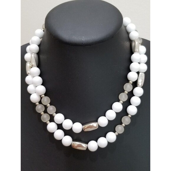 36" Long White and Gray Vintage Necklace strung on Chain - Picture 3 of 10